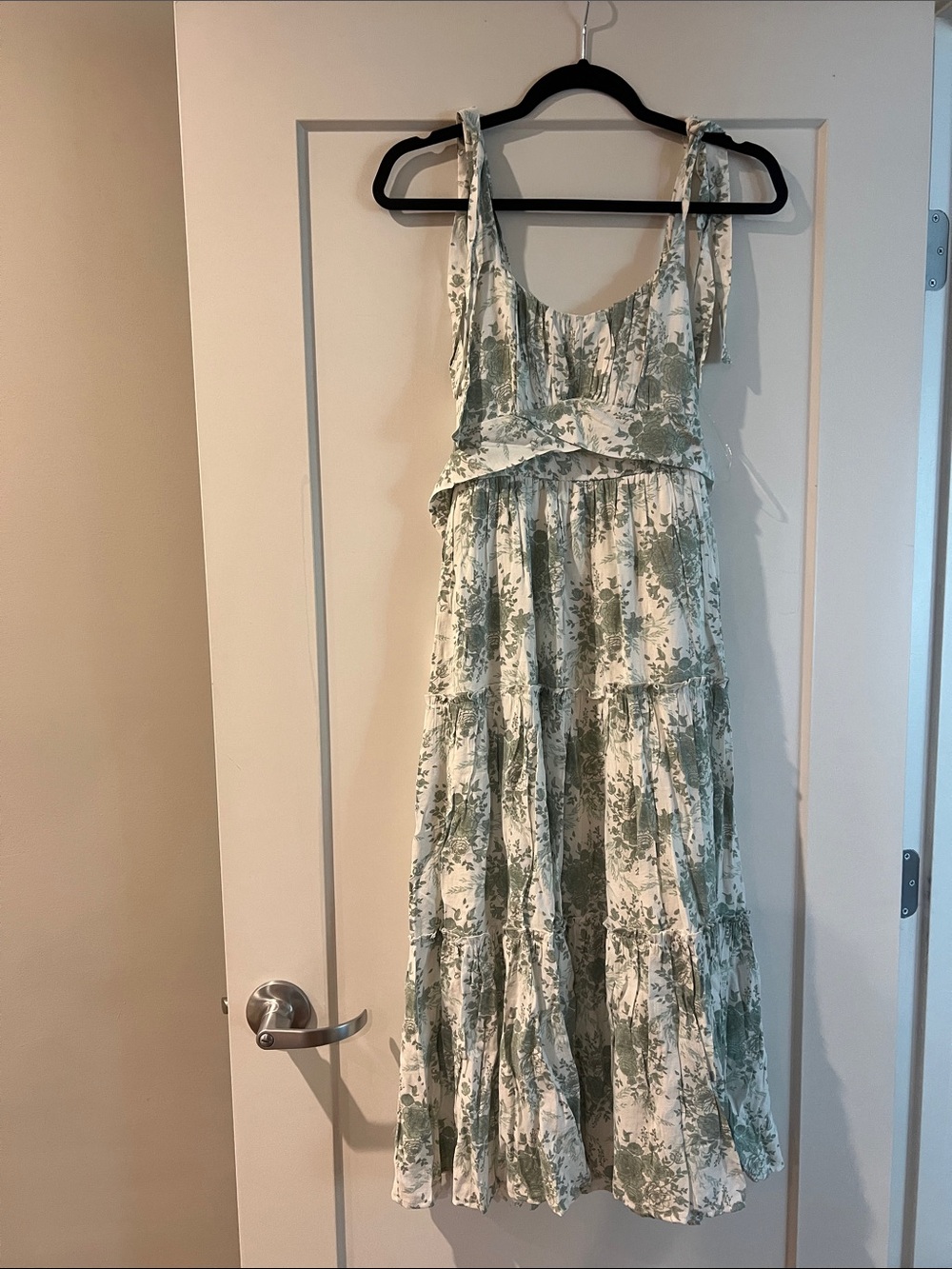 Altar'd State White & Sage Floral Tiered Maxi Dress with Tie Straps